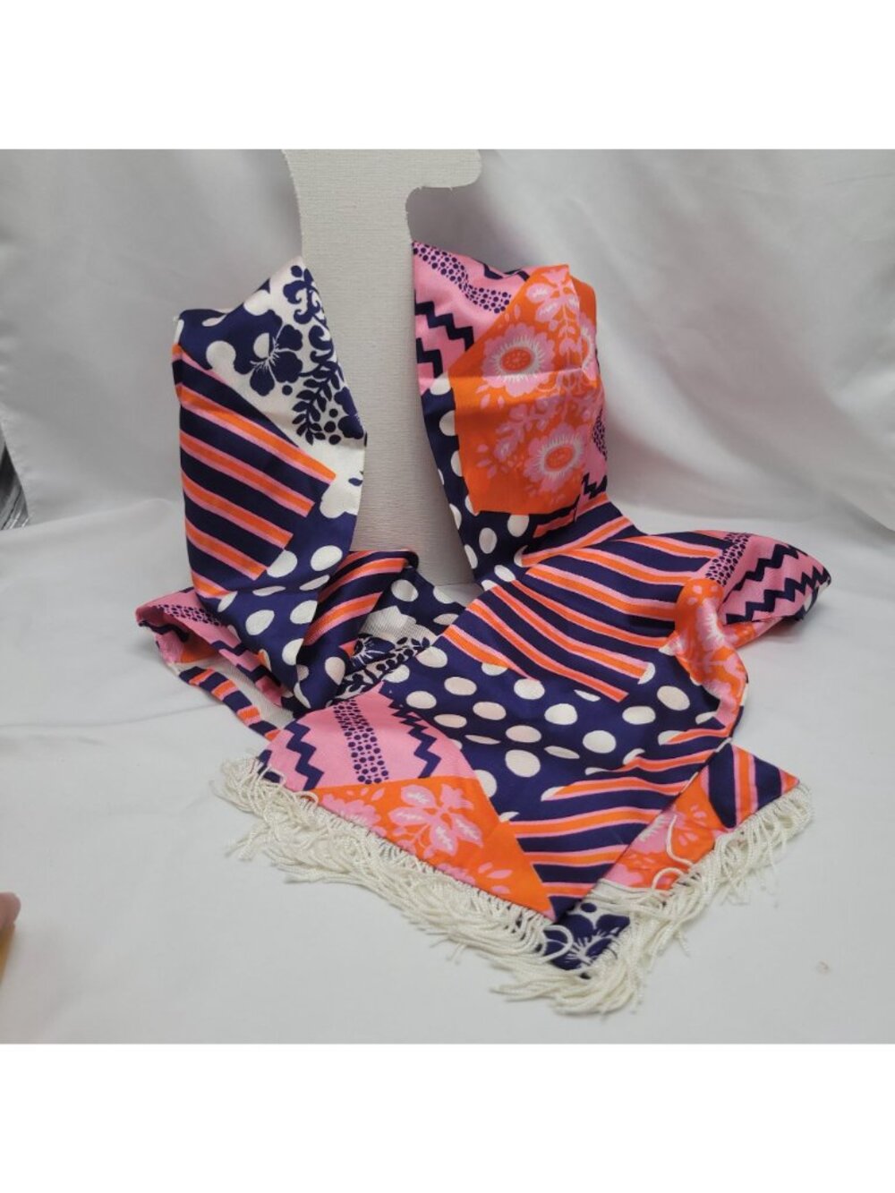 Vtg 60s Orange Purple Pink Patchwork Scarf Fringe Trim 64"x6" Groovy Retro Style - Picture 13 of 15
